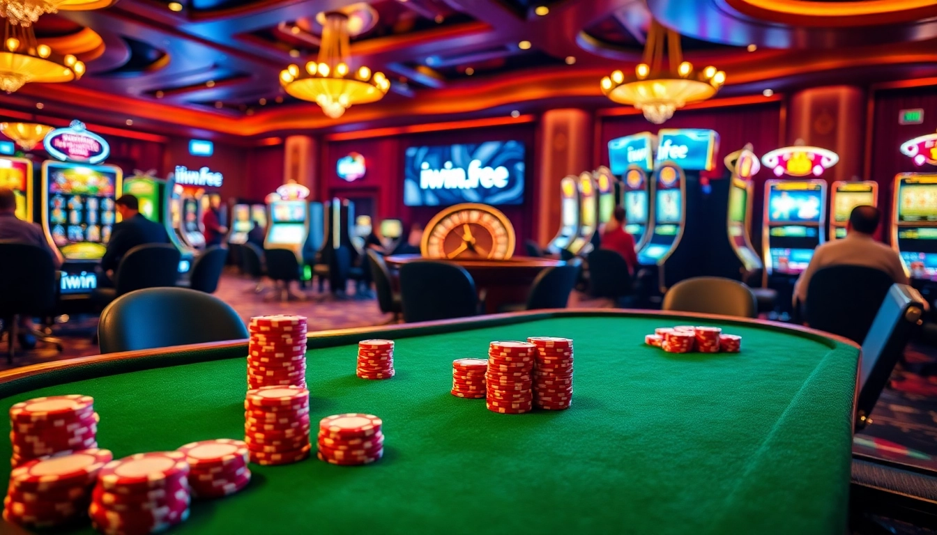 Experience high-stakes action with iwin.free in an enticing casino backdrop featuring poker and roulette.