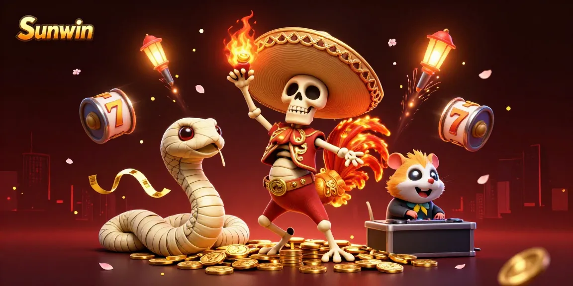 Engage with Sunwin's vibrant casino experience featuring lively characters amidst glimmering slot reels and festive elements.