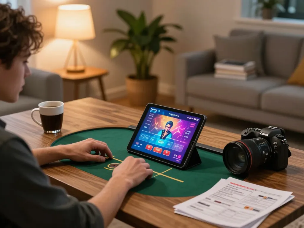 A player enjoying a strategic game on 789club's online casino platform, showcasing a handheld tablet and thoughtful gameplay.