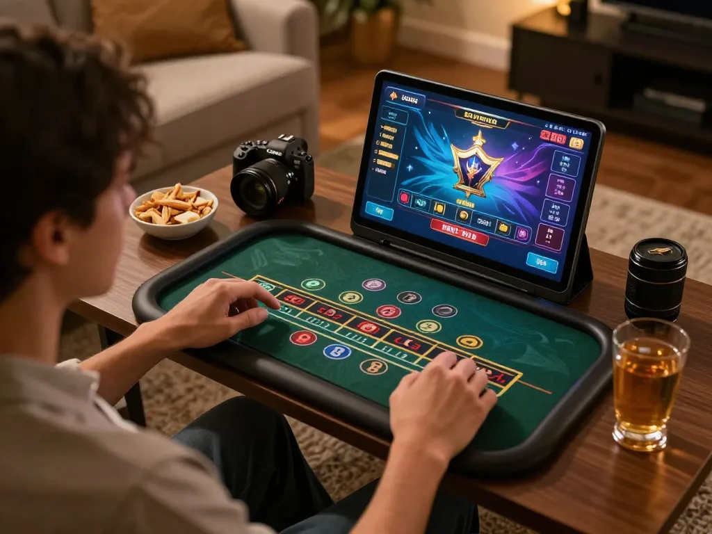 Engaging in an exciting LIVE dealer baccarat game with OPEN88 on a tablet in a cozy home setup.