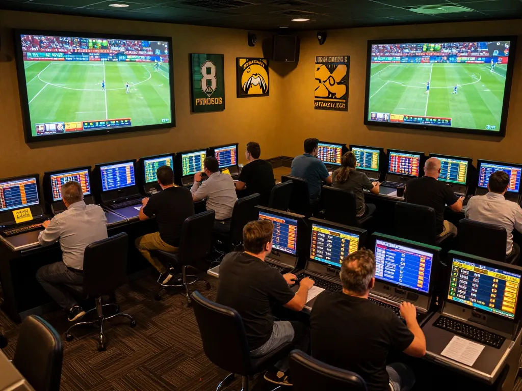 vsbet bettors placing wagers in an energetic sports betting lounge filled with live match displays and excitement