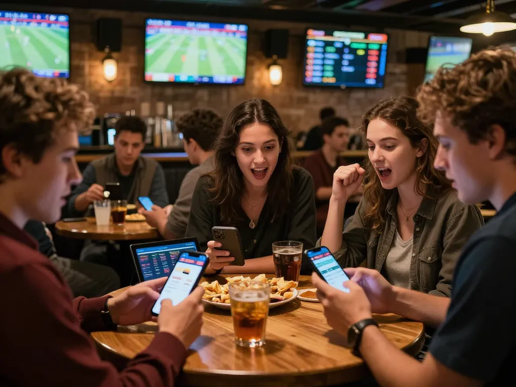 Betting excitement at a sports bar as patrons engage with the 28Bet app, showcasing live game action.