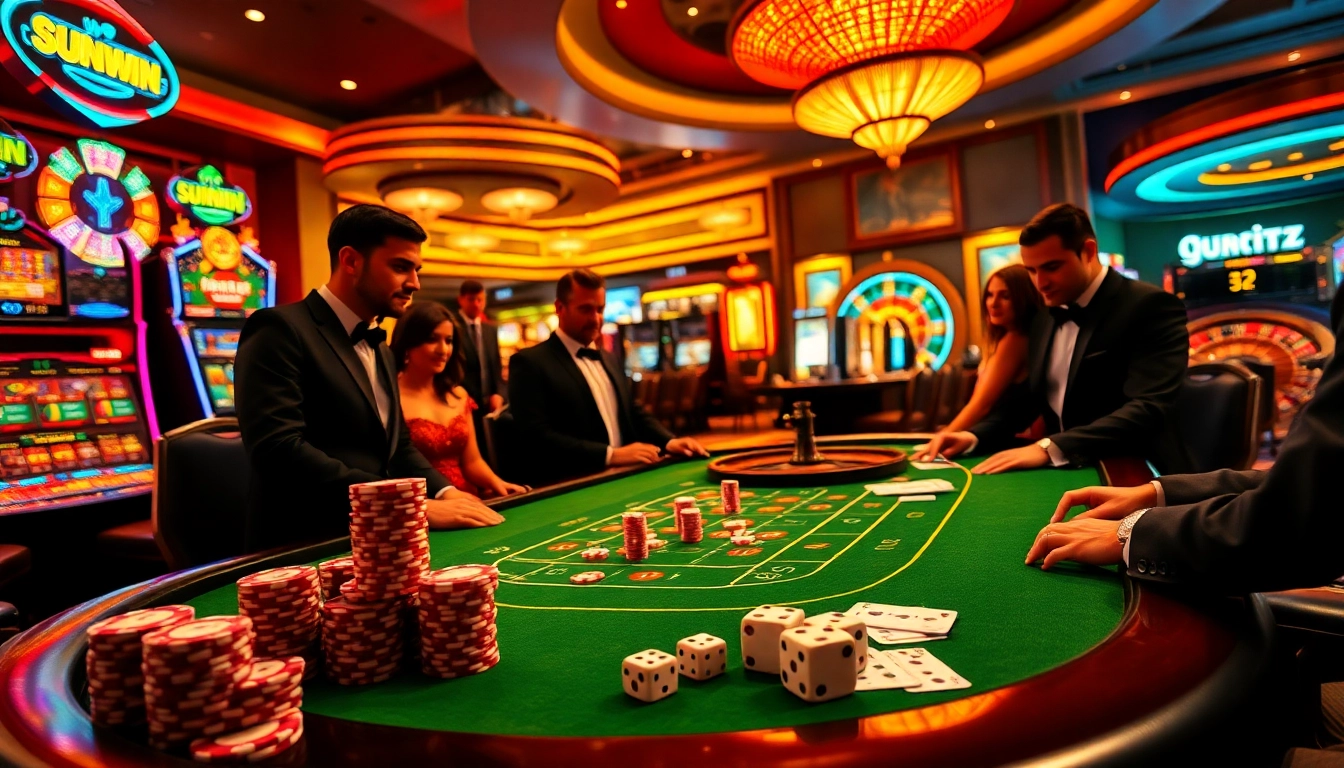 Experience the thrill of the sunwin casino with players engaging at luxury gaming tables.