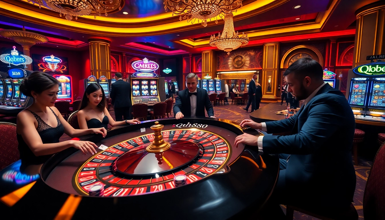 Engaged players enjoying qh88 casino games at a vibrant roulette table under dramatic lighting.