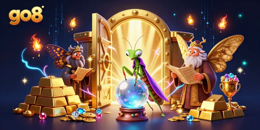 Engage with go8's vibrant casino scene featuring fortune teller characters and dynamic treasures.