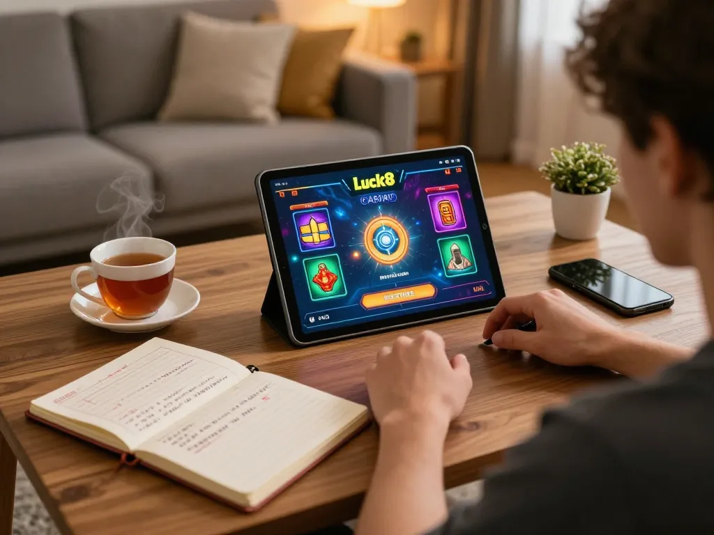 Player enjoying Luck8 app on tablet with engaging game graphics in a cozy home setting.