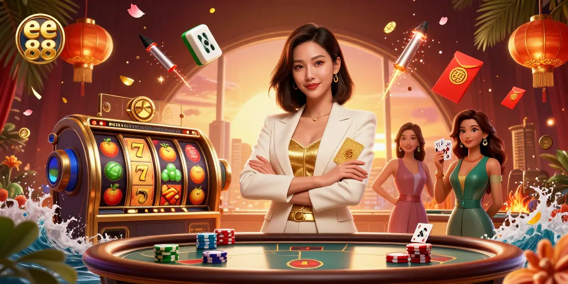 Experience the thrill of ee 88 online casino with vibrant slot reels and a bold businesswoman.