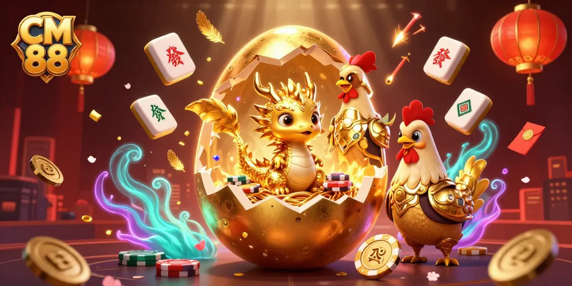 Spin and win at CM 88 with captivating golden dragon and poker chips illustration.