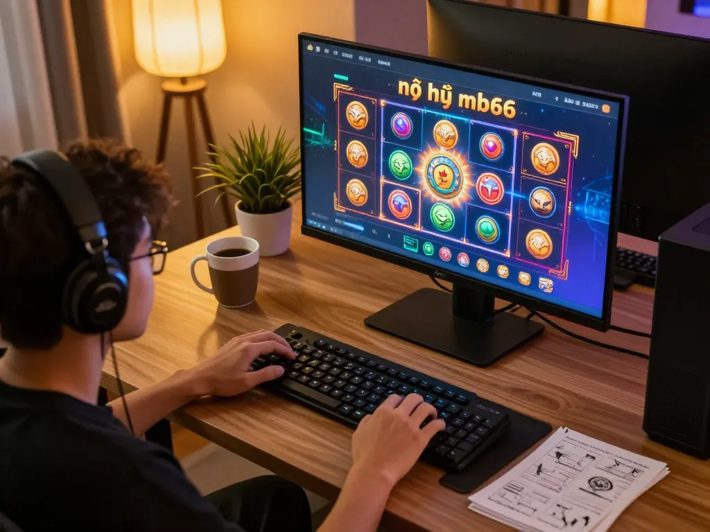 Engaging with the nổ hũ mb66 slot game on a computer, showcasing strategic online gambling.