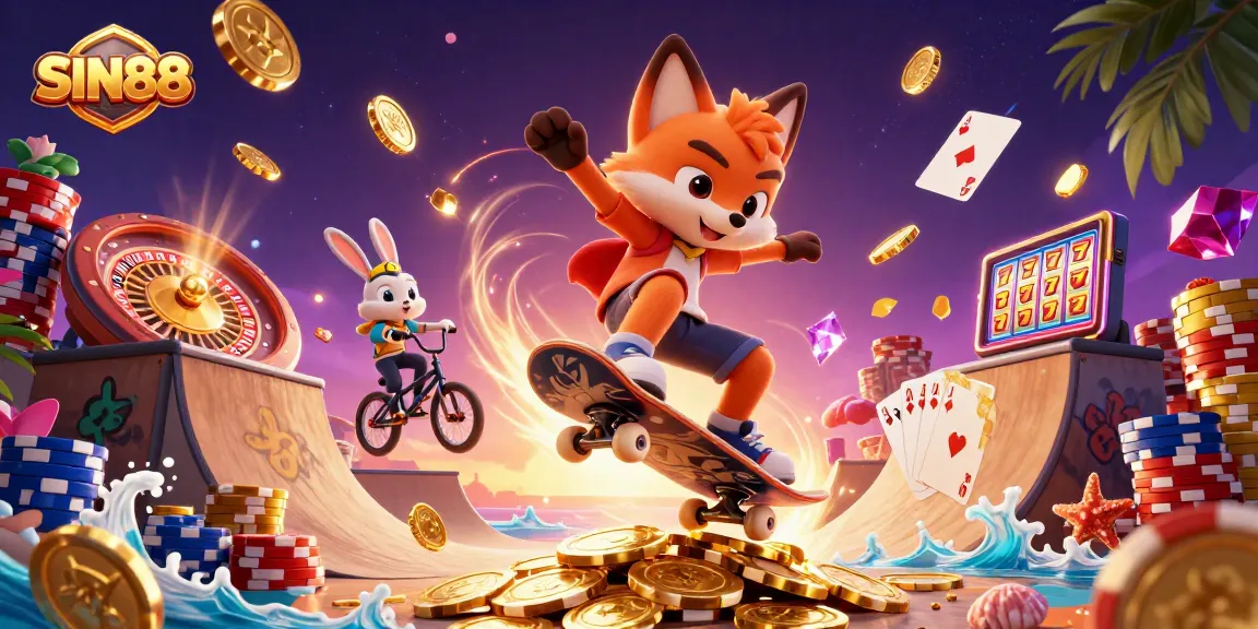 SIN88 showcases an energetic gaming scene with a skateboarder fox and BMX rabbit performing tricks surrounded by casino-themed elements.