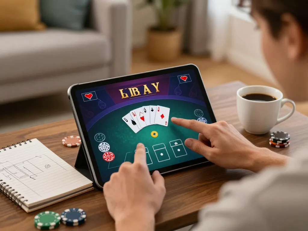 Engaging online casino gameplay on tablet at home, showcasing lv88 com interface and strategic gaming.