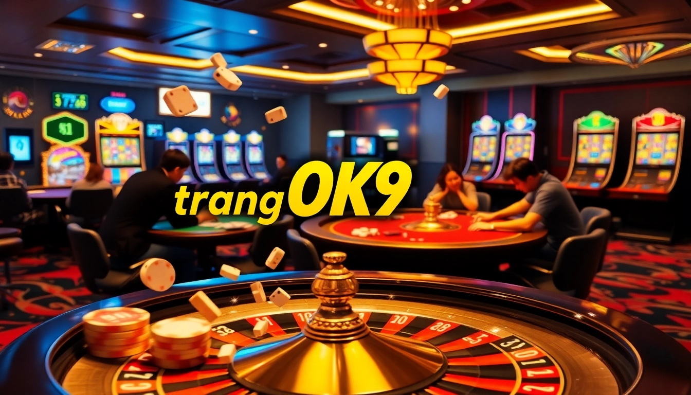 Engaging scene of players at the trang chủ OK9 gambling interface with vibrant casino elements.