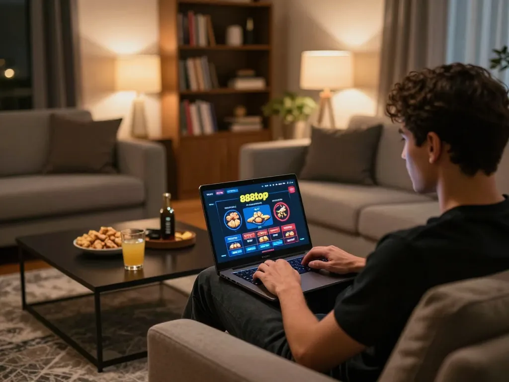Gambling at home with the 888top online casino interface on a laptop while enjoying snacks.