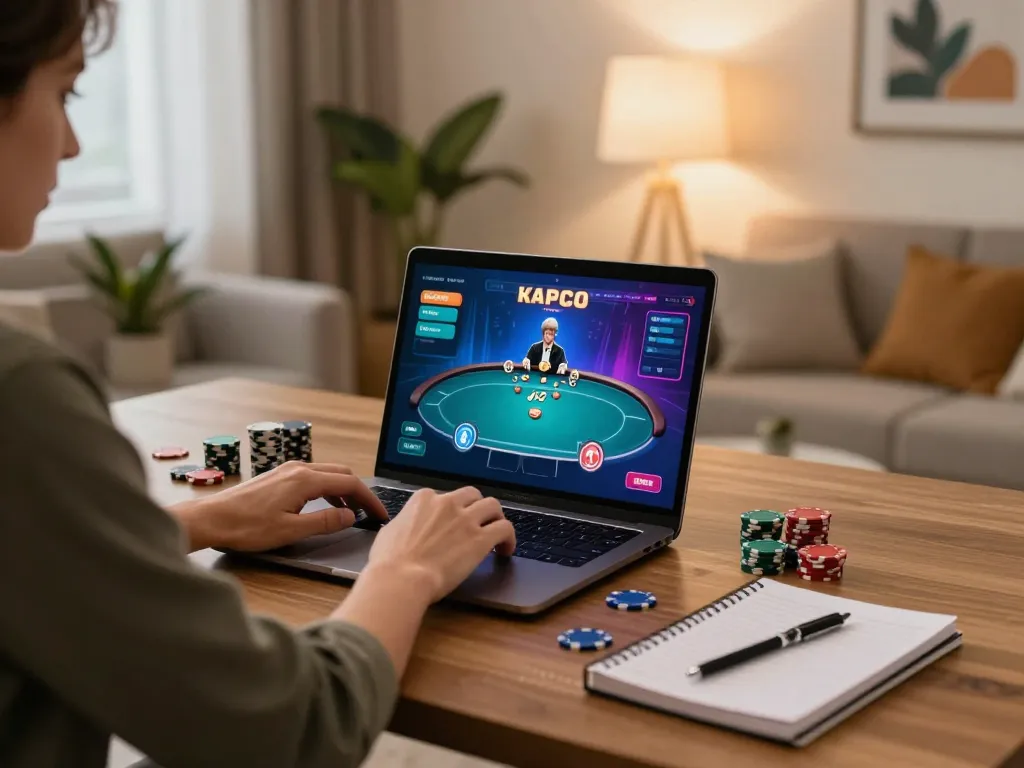 Engaged player using XX88 online poker platform on laptop with strategy notes in cozy home setting