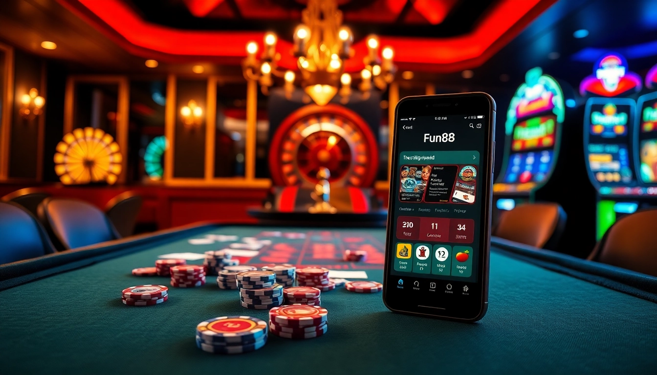 Betting excitement at Fun88 casino with vibrant chips, cards, and online gaming interface.