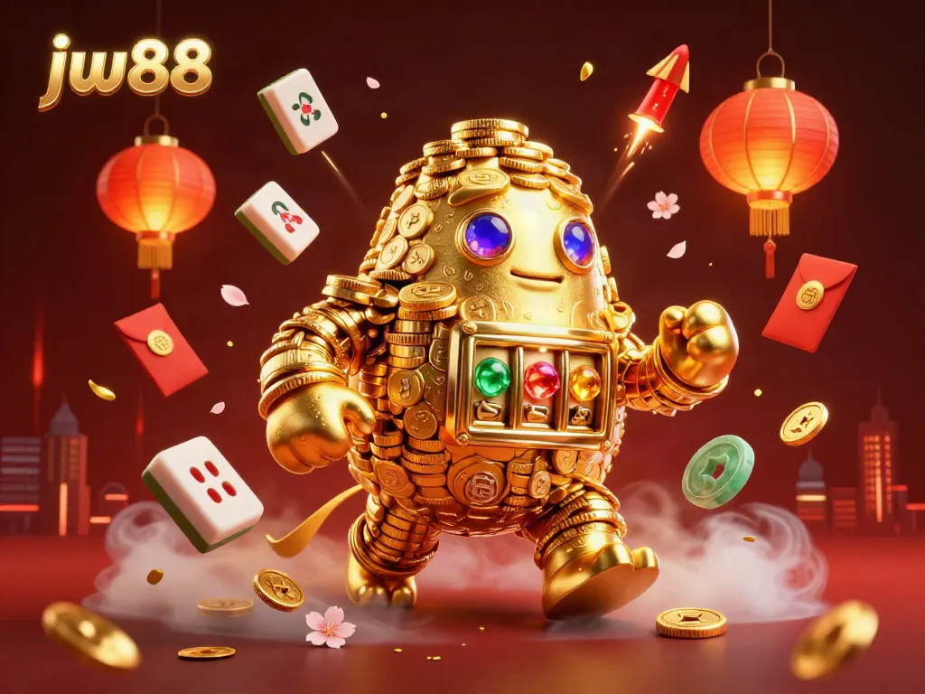 Experience thrilling action at jw88 with a vibrant 3D illustration showcasing a golden golem surrounded by dynamic casino elements.