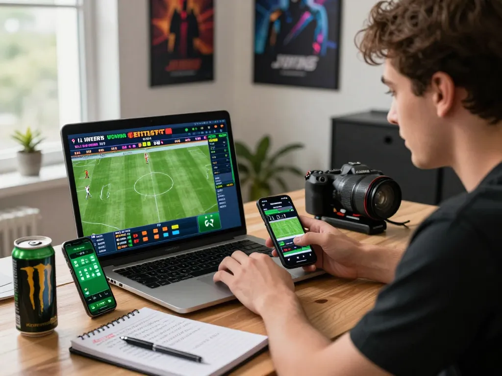1gom betting enthusiast reviewing live football match odds in a modern home office setting