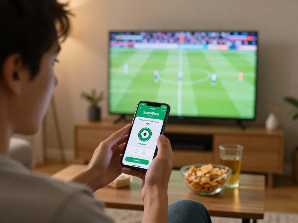 Socolive sports betting excitement with a person using a smartphone while watching football live