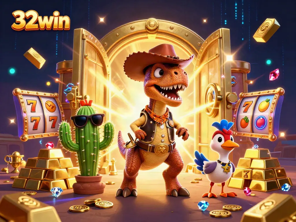 Experience thrilling action at 32win with cowboy dinosaur and friends celebrating inside a treasure vault.