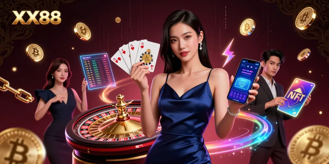 Engage with XX88's immersive casino experience featuring a confident Asian woman with gaming elements.