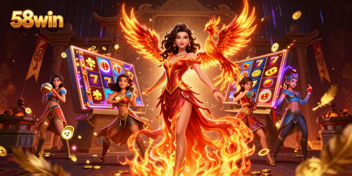 Experience thrilling wins at 58win with vibrant slot reels and stunning visuals in this rich casino illustration