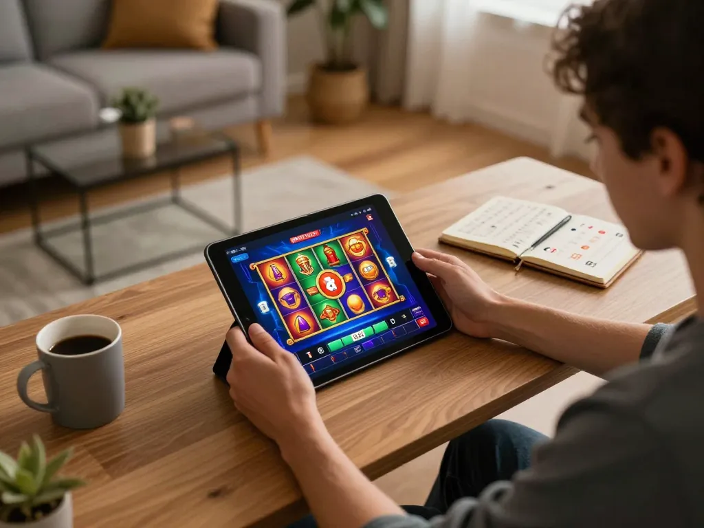 Engaging gameplay on Hitclub app as player interacts with colorful slot game interface at home.