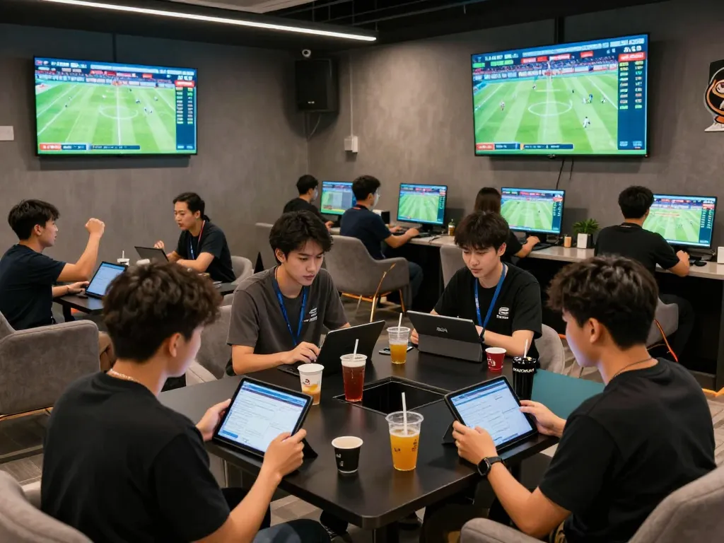 Kèo nhà cái odds displayed in a lively sports betting lounge with fans analyzing matches and celebrating.