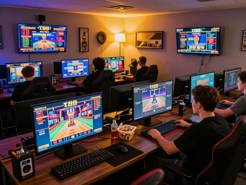 Engaged player exploring tr88 online casino games on multiple screens in a cozy gaming setup