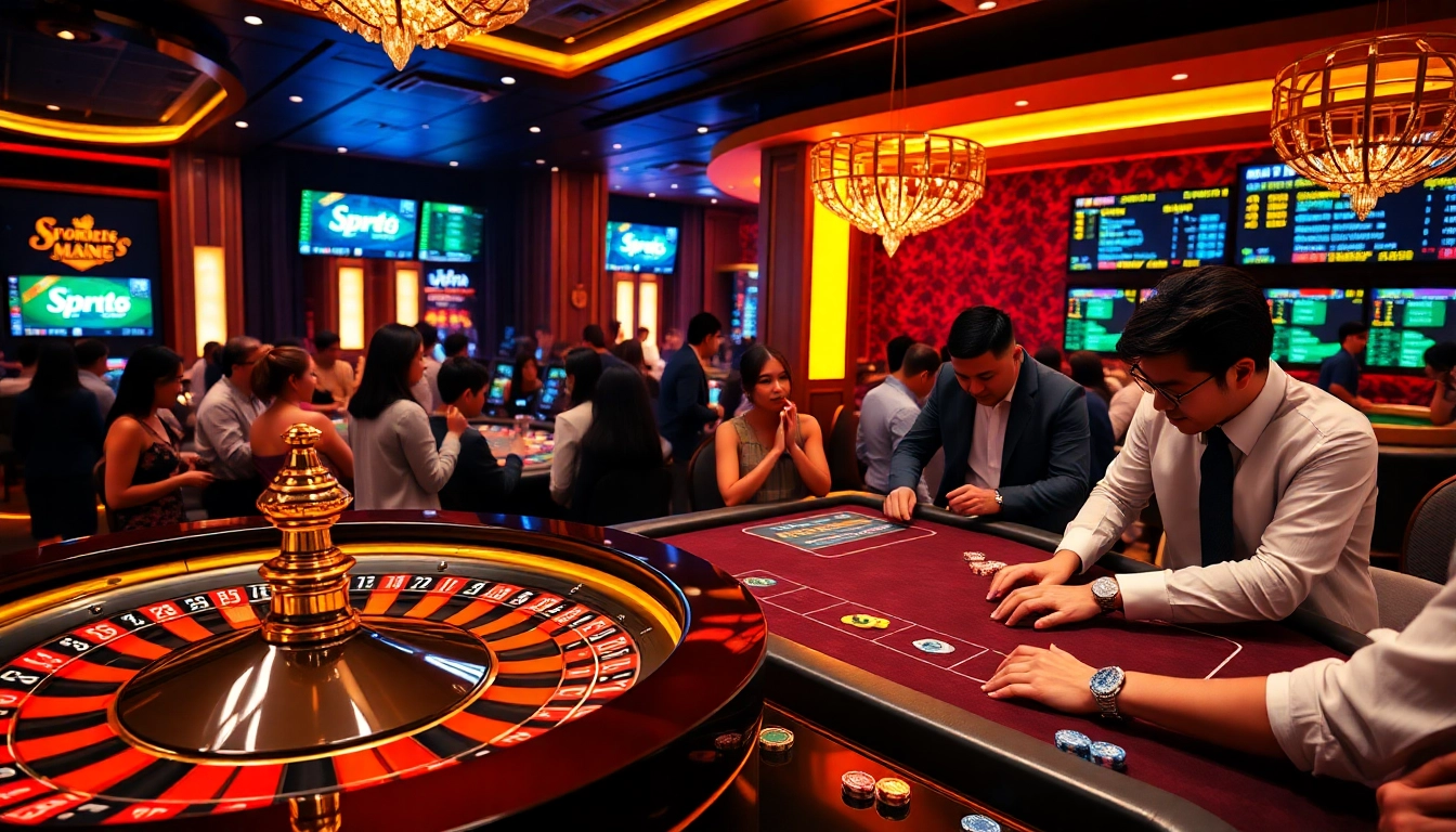 Casual gamblers enjoying games at Vin88, betting on sports while surrounded by vibrant casino elements.