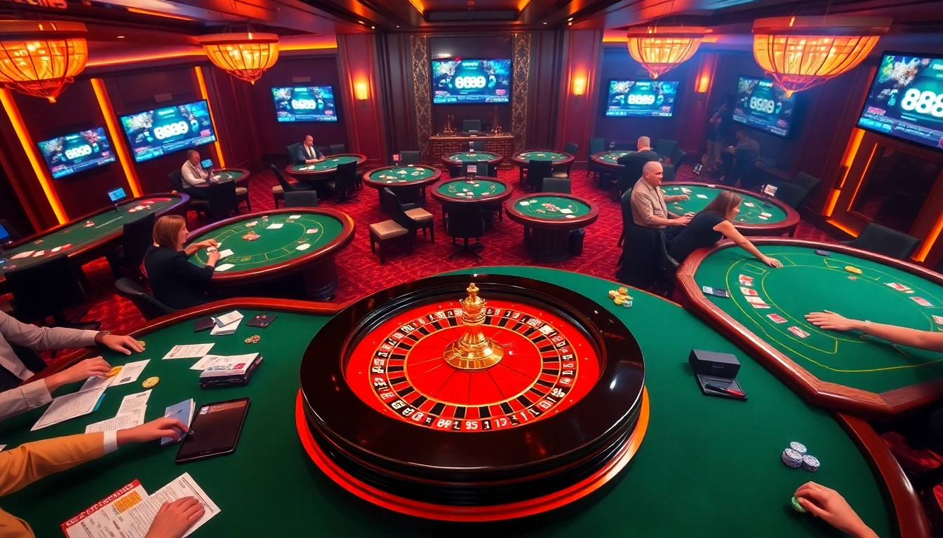 A captivating casino scene showcasing exciting gameplay and the link 888P interface, highlighting the thrill of gambling.