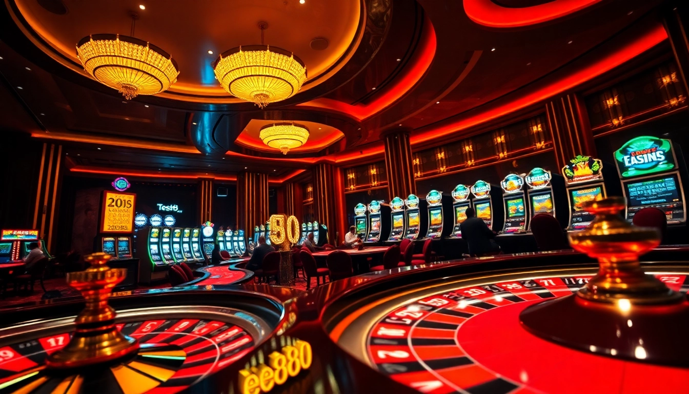 Play thrilling games at ee88 casino, featuring vibrant roulette wheels and engaging poker tables.