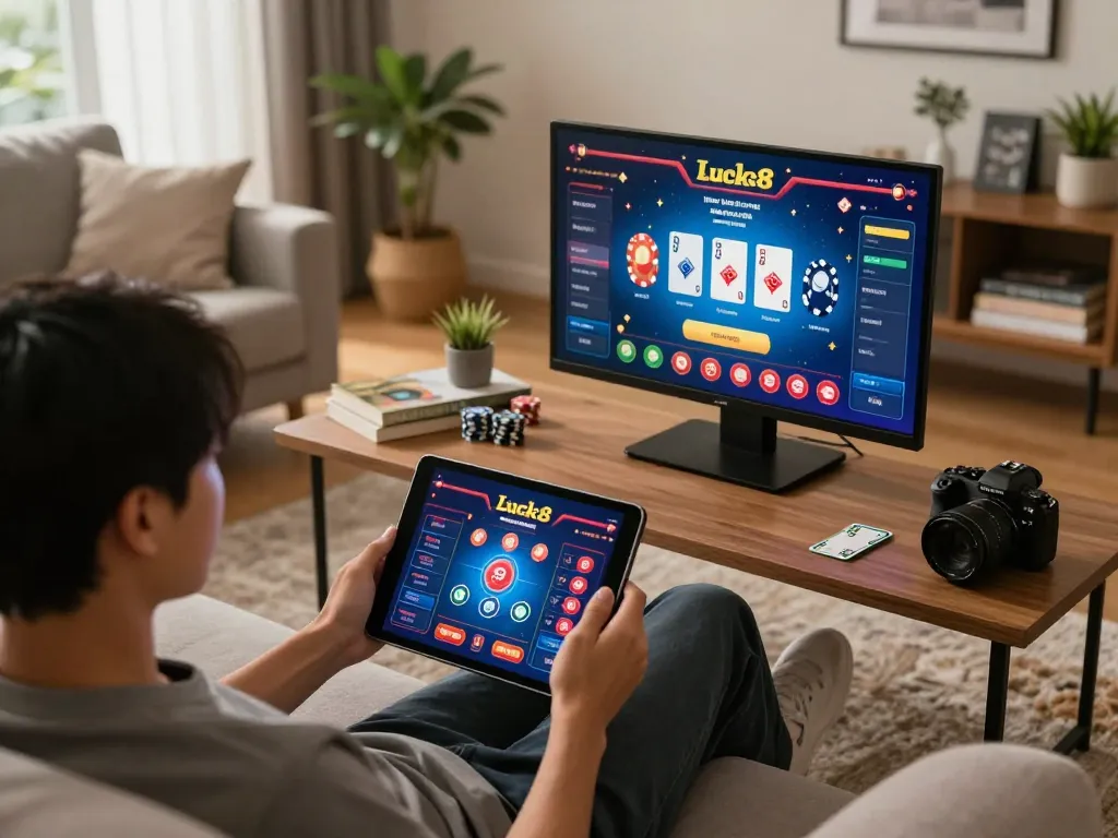 Engaging with online casino games at trang chủ luck8 in a cozy home setting.