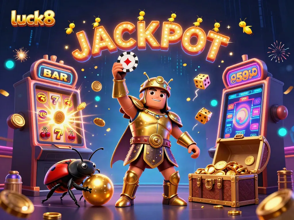 Experience the luck8 casino adventure with a 3D hercules beetle celebrating a jackpot surrounded by vibrant gaming elements.