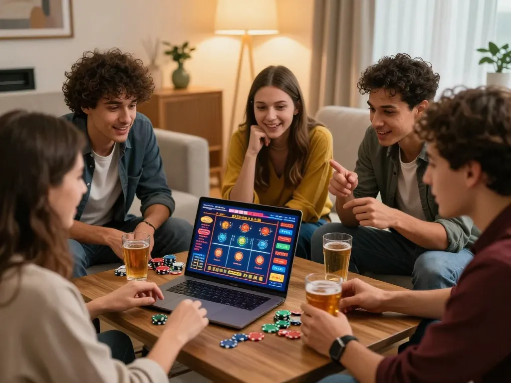 Friends strategizing bets on the laptop during their online casino gaming session at home, with excitement visible in the air.