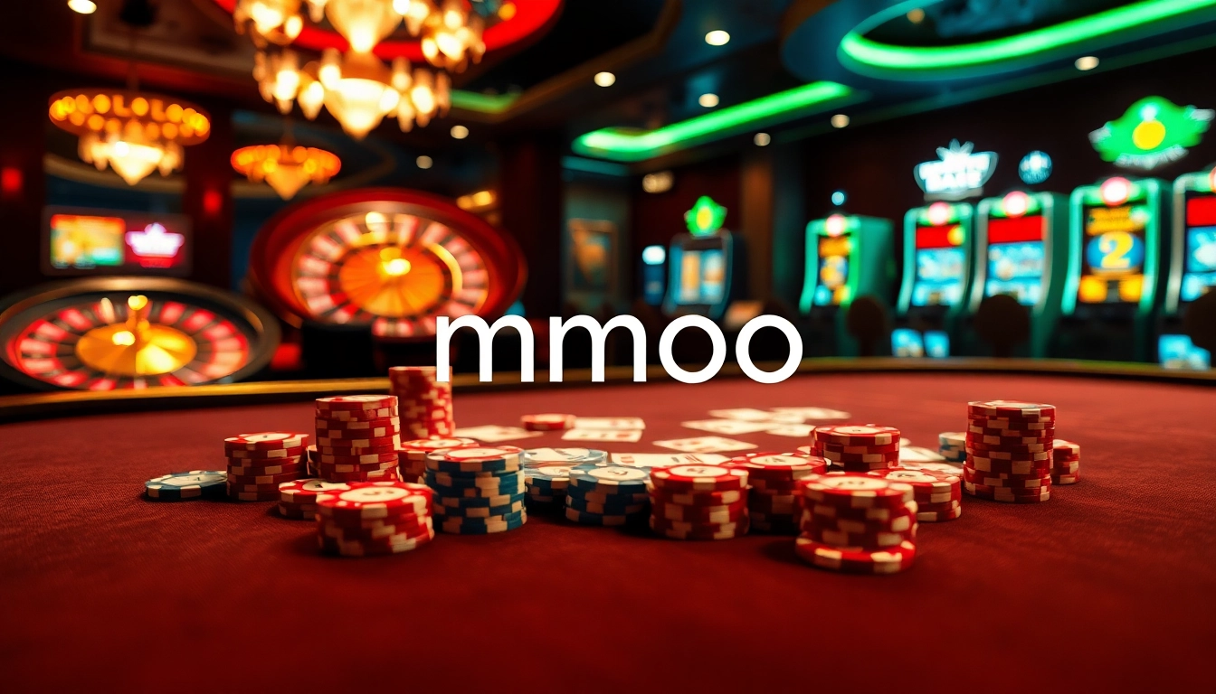 Experience high-stakes gambling action at mmoo's luxurious casino with poker chips and vibrant slot machines.