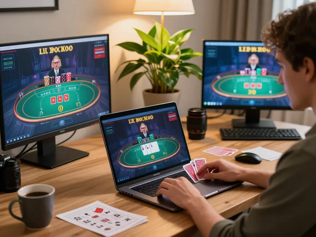 Engaging in a strategic game at Five88 casino with a laptop showcasing live blackjack.
