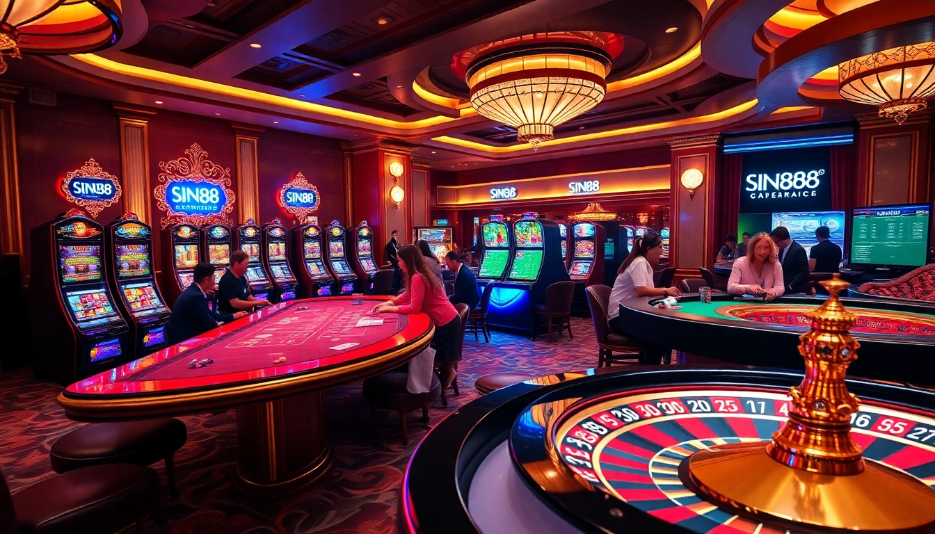 SIN88 branded casino tables and slot machines in a vibrant gaming atmosphere.