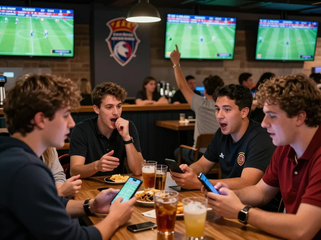 Real-time sports betting action as patrons cheer for ผลบอลสด outcomes in a lively sports bar