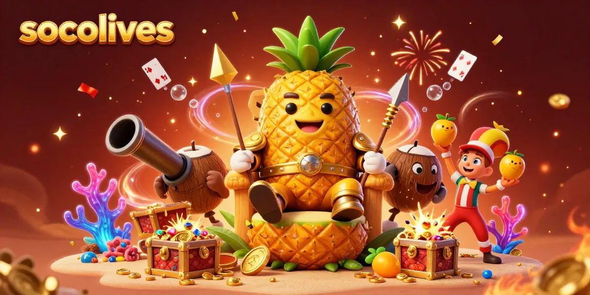 socolives enhances online gaming with a vibrant 3D scene featuring a golden pineapple king and dynamic casino elements.