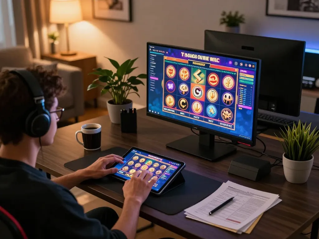 sunwin player enjoying a slot game on tablet at a stylish home desk, dynamic gameplay graphics