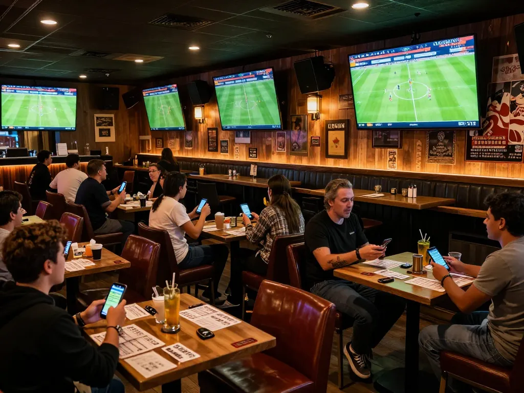Kết quả bóng đá displayed on screens as excited patrons engage in live betting at a vibrant sports bar