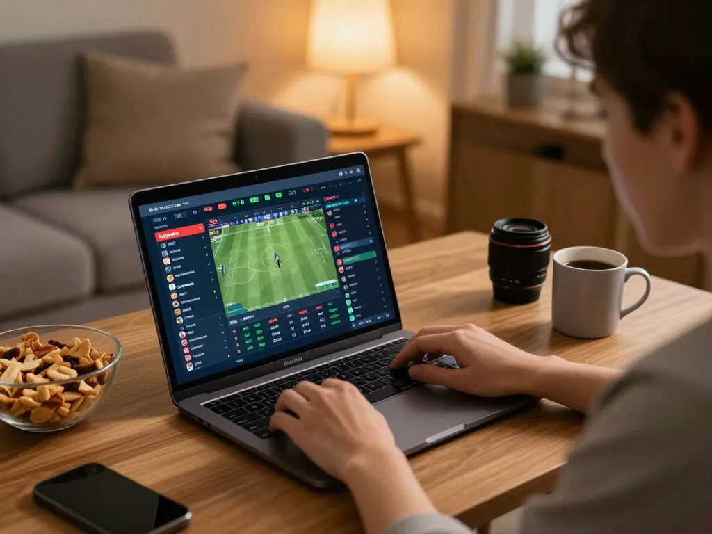 Person strategizing sports bets on laptop showcasing Fun79 INK in an inviting home setting