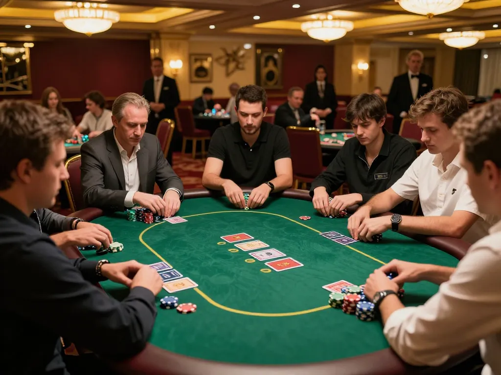 Players engage in a Texas Hold'em game at a luxury casino, showcasing https://fabet.credit/ thrilling poker dynamics.