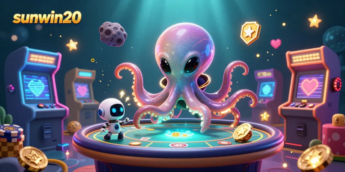 Engage in thrilling games at sunwin20 with a futuristic alien octopus dealer and vibrant casino elements.