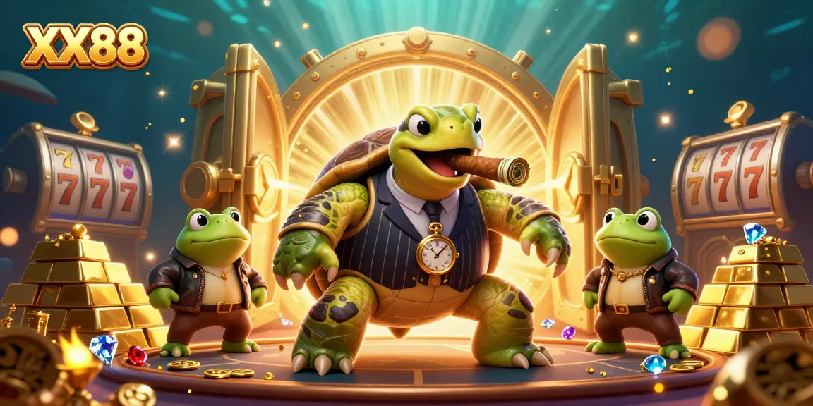 Experience thrilling wins at XX88 with an exciting casino scene featuring a unique turtle character.