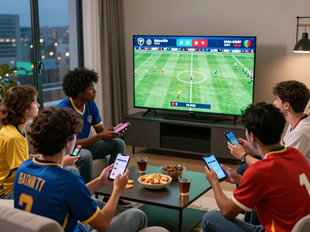 Friends excitedly discussing kèo nhà cái while watching live football matches on a large screen.