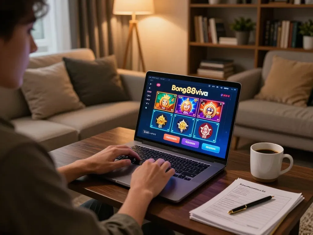 Person enjoying online gambling at bong88viva on a laptop in a cozy living room setting