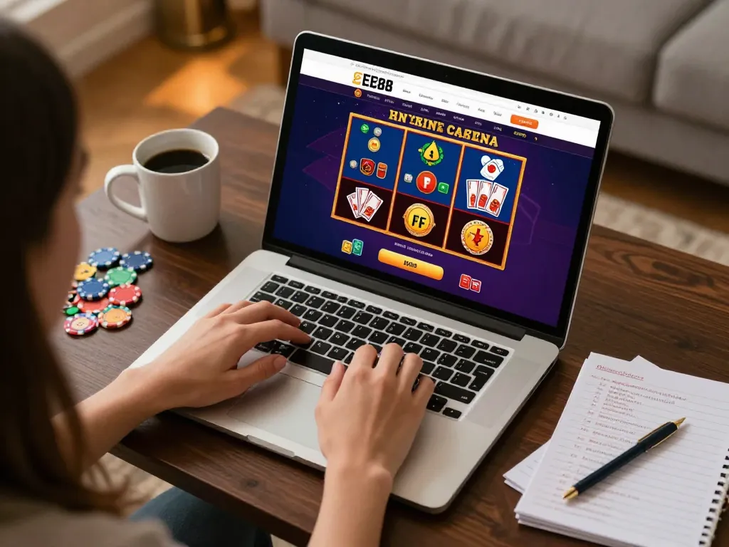 Experience EE88's online gaming platform with vibrant gameplay and strategic notebook in a cozy setting