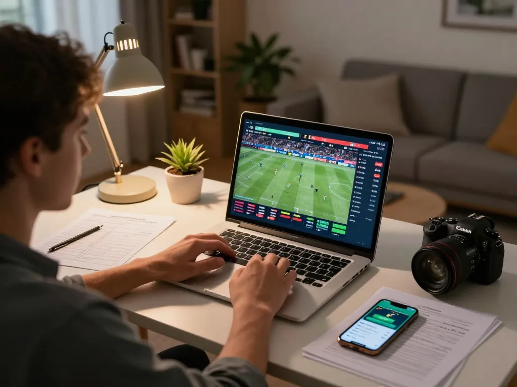 Person engaging in live sports betting on Nowgoal platform at home, showcasing strategic play and excitement.