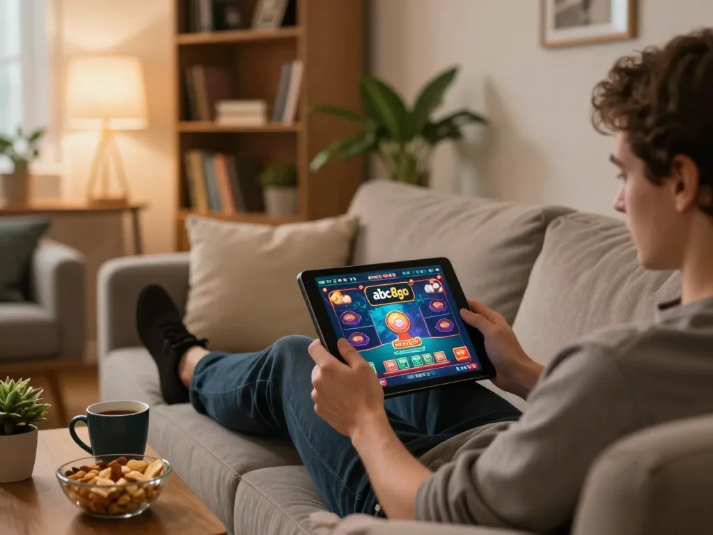 Engaging online gaming moment with abc8go on a tablet, featuring a cozy home setup
